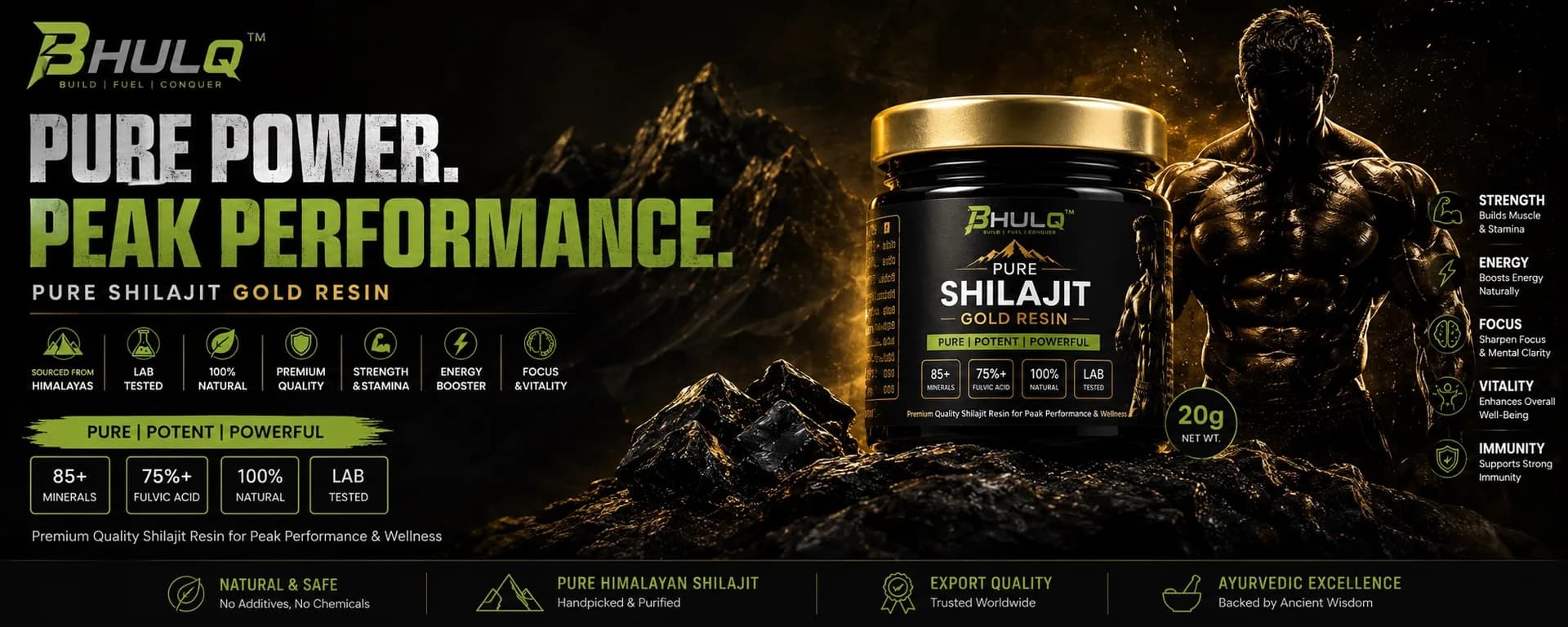 BHULQ Pure Shilajit Gold Resin — Pure Power. Peak Performance. Sourced from Himalayas, lab tested, 100% natural.